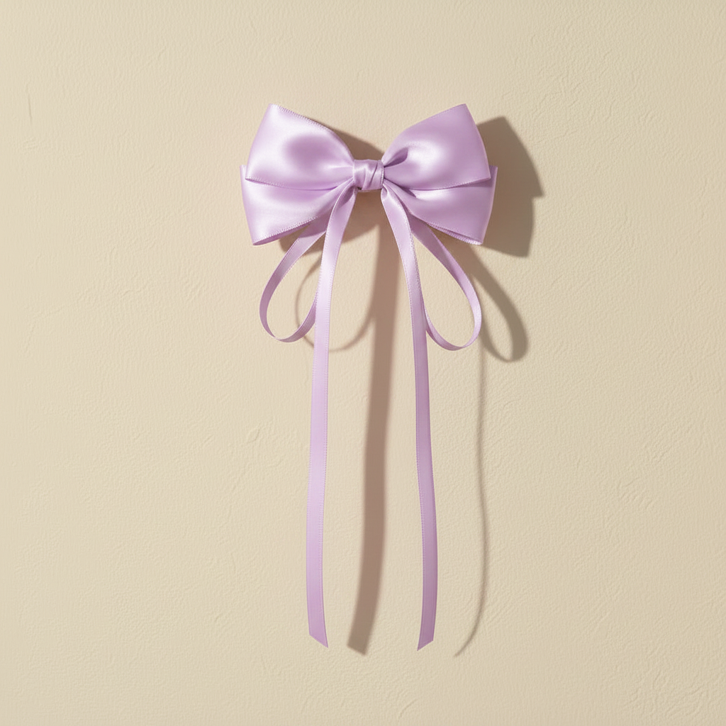 Satin bow hair clip with long ribbon tails, light lavender satin finish.