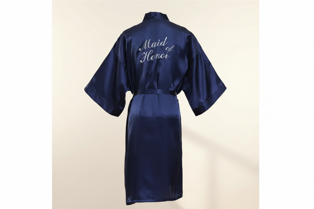 Navy satin robe with belt tie and 'Maid of Honor' embroidery on back