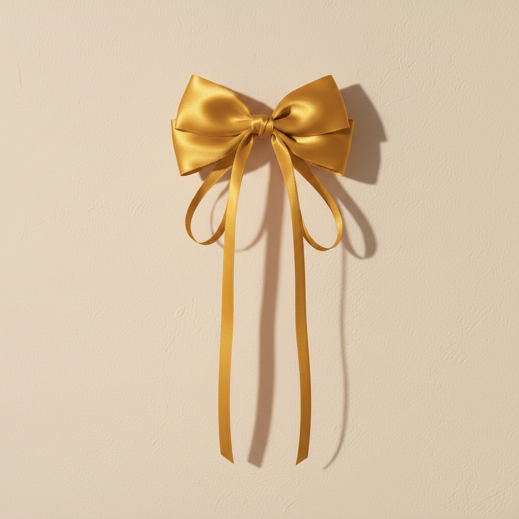 Satin bow hair clip with long ribbon tails, golden-yellow satin finish.