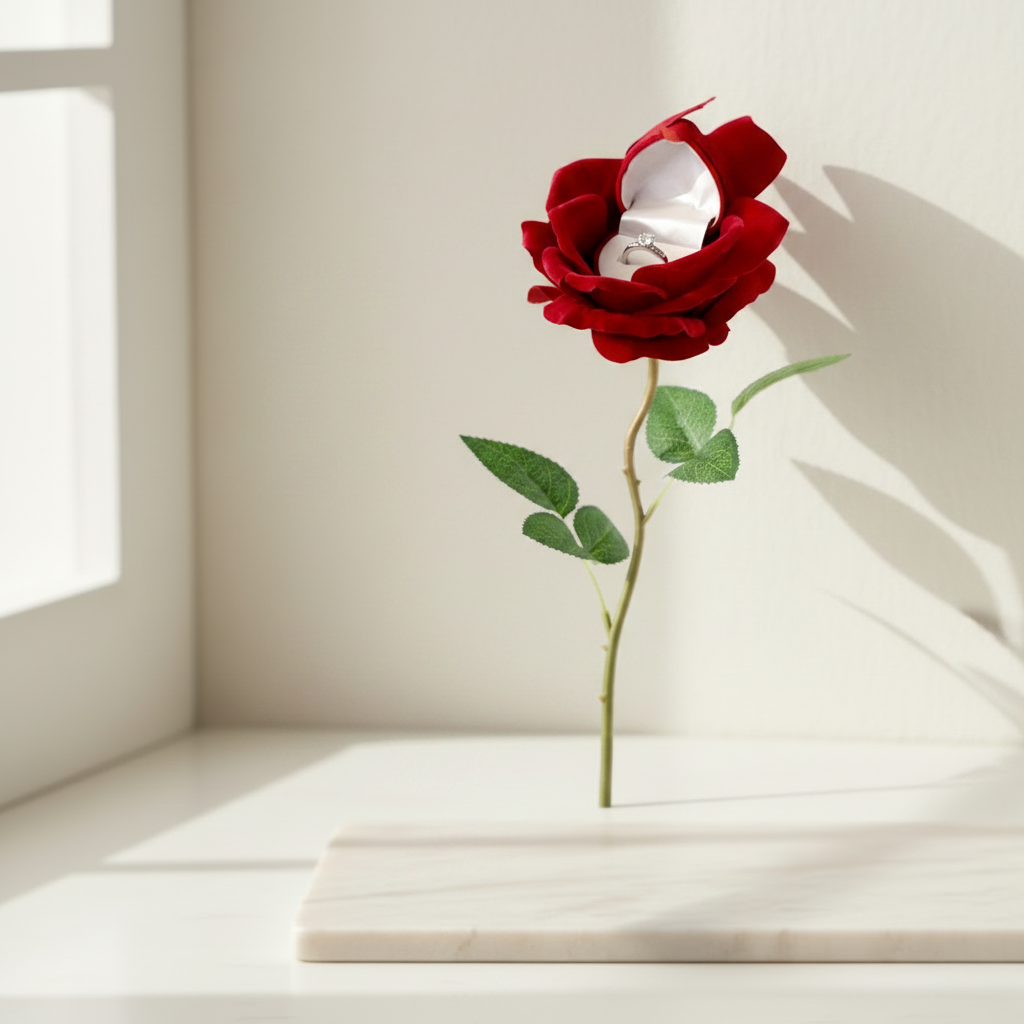 Red velvet rose proposal ring box with ring cradled in open bloom