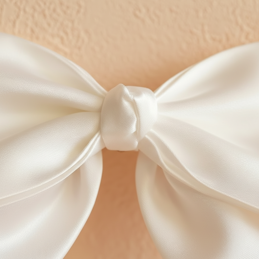 White glossy satin bow hair clip close-up of pleated knot