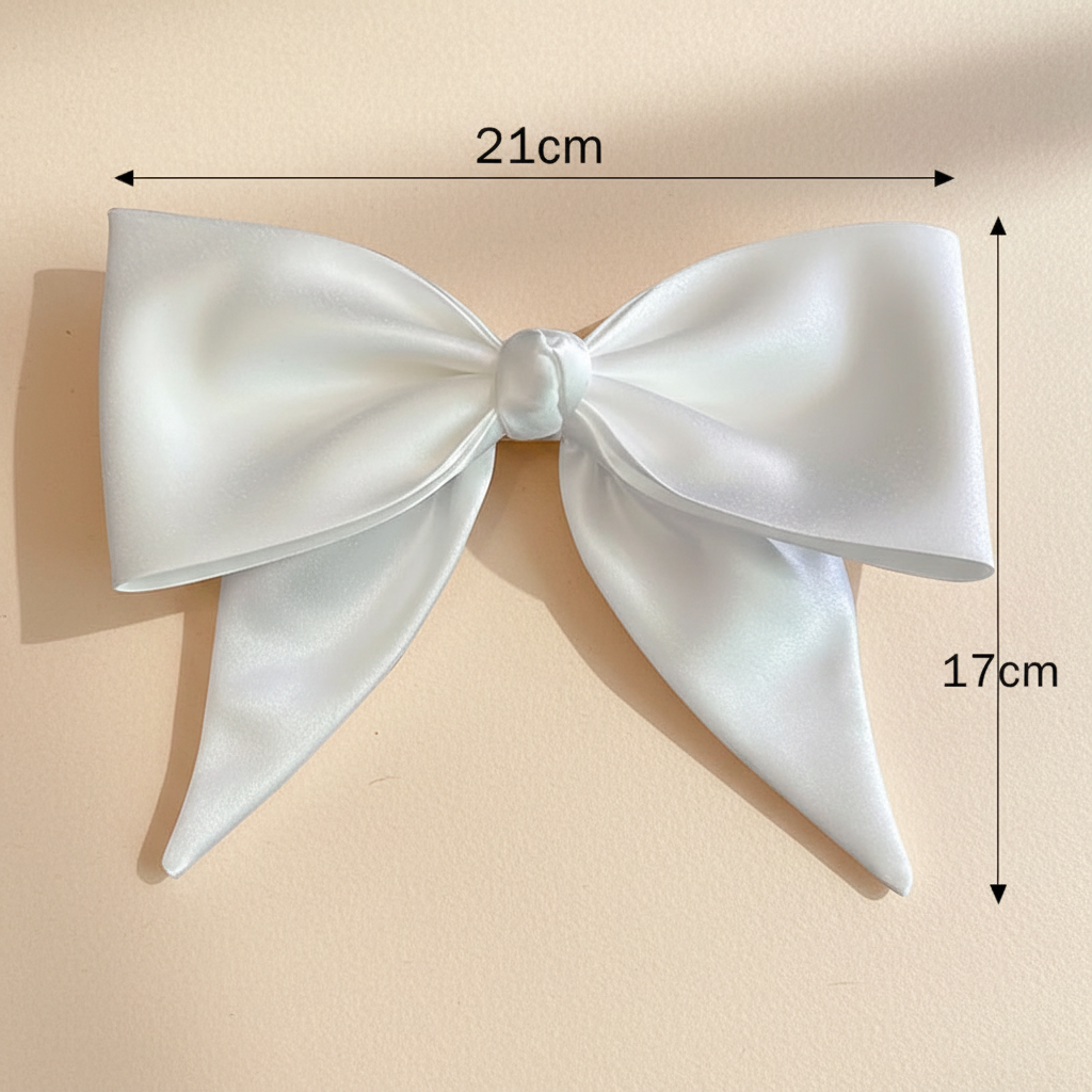 White glossy satin bow hair clip, size 21cm x 17cm