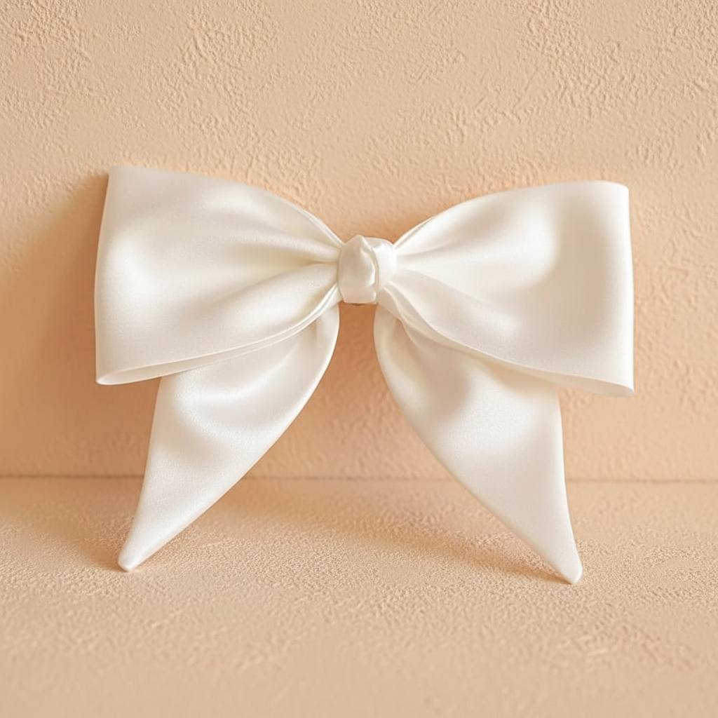 Oversized glossy satin bow hair clip, white with center knot