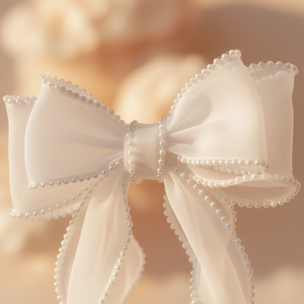 Close-up white bow hair clip with pearl bead trim and flowing strands