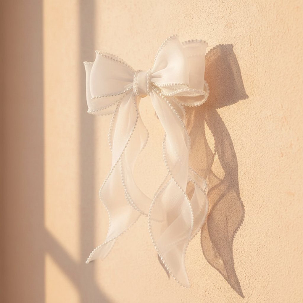White satin bow hair clip with pearl beading and dangling strings