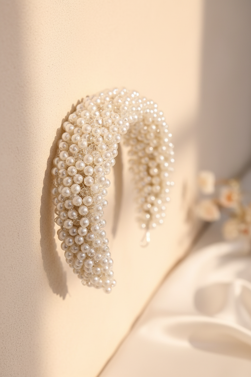 Pearl beaded bridal hairband with twisted swirl design, teardrop fringe details