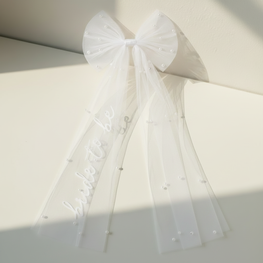 Bride-to-be pearl veil with embellished white bow and pearl-dotted tulle, script on side