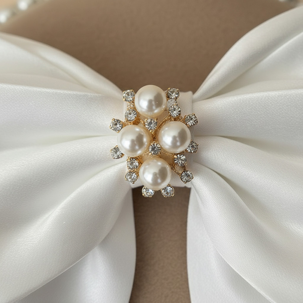 Satin white bow hair clip with pearl cluster and small crystal accents at center