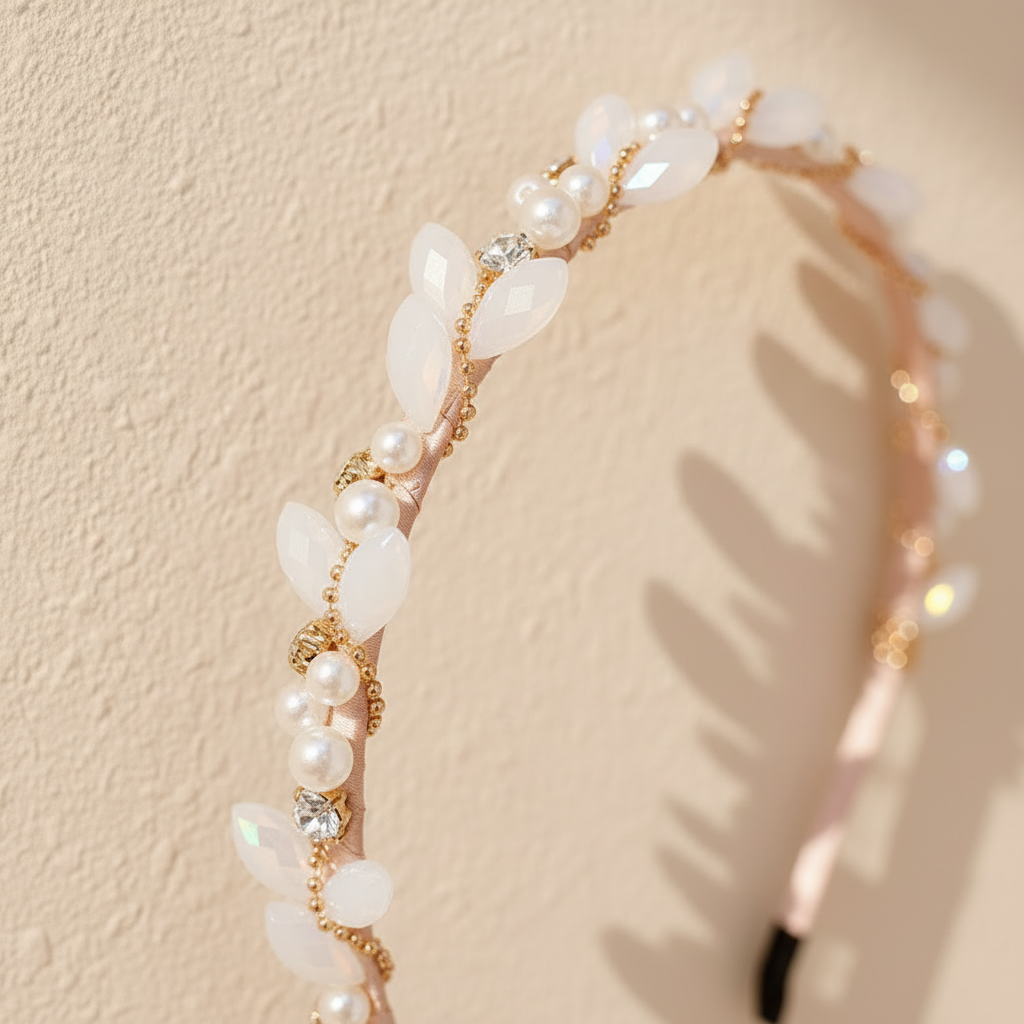 Crystal and pearl headband with faceted opal-like stones and round pearls on gold wire