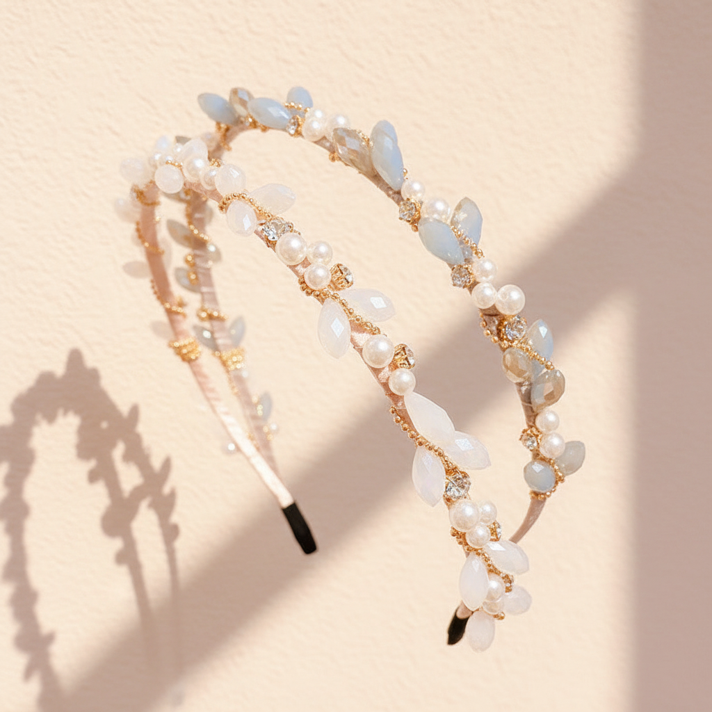 Crystal and pearl headband with pale blue faceted crystals, white pearls, and gold wire frame