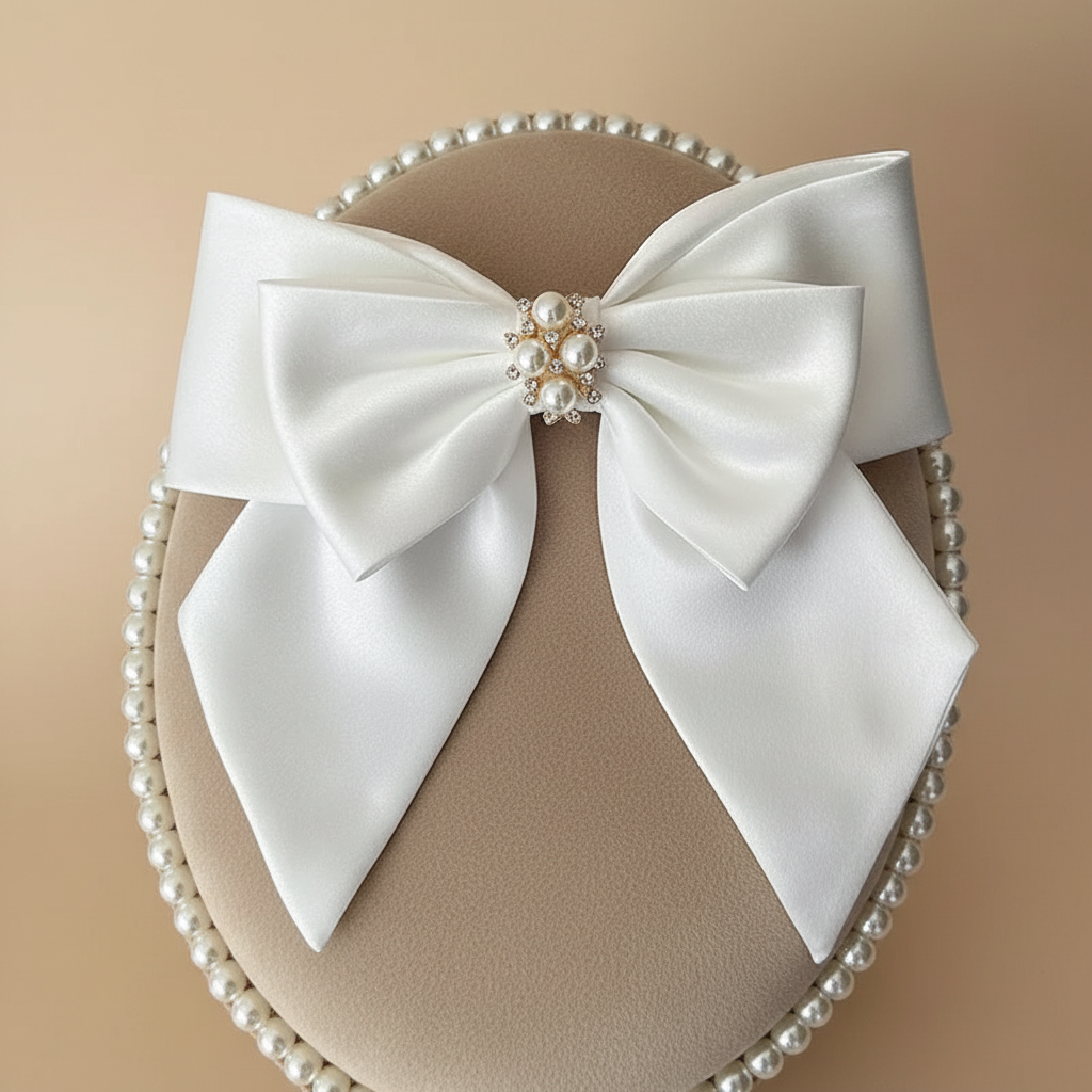 Satin white double bow bridal hair clip with pearl-and-crystal centerpiece and beaded trim