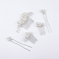 Pearl hair combs and pins set, silver-tone metal with white pearls