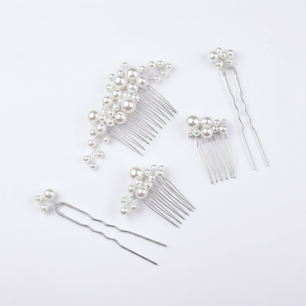 Pearl hair combs and pins set, silver-tone metal with white pearls