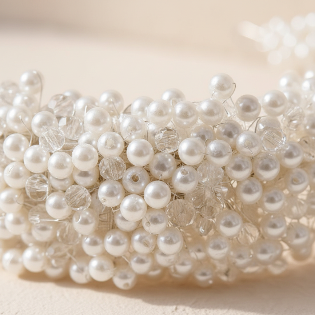 Close-up of pearl and crystal beading on bridal hairband, densely woven texture