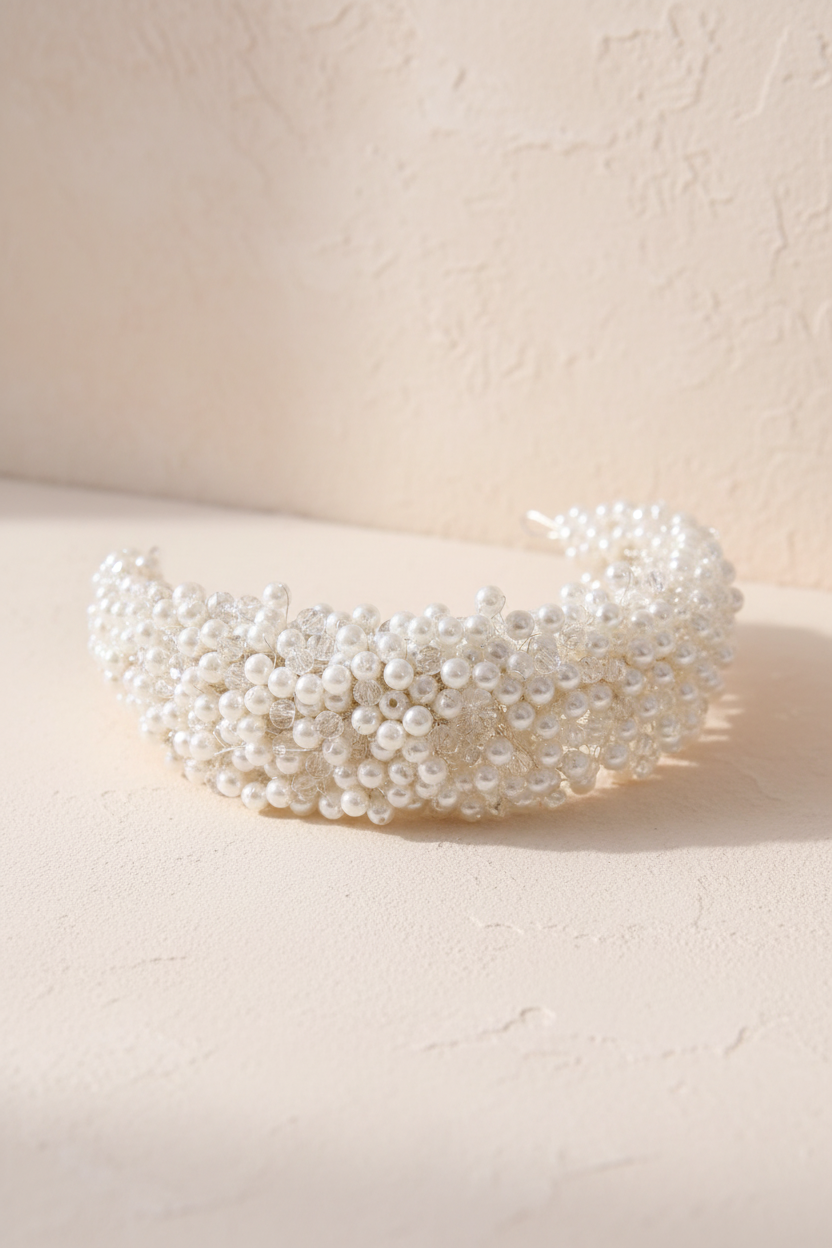 Pearl twist headpiece hairband with wide beaded band and rounded pearl pattern