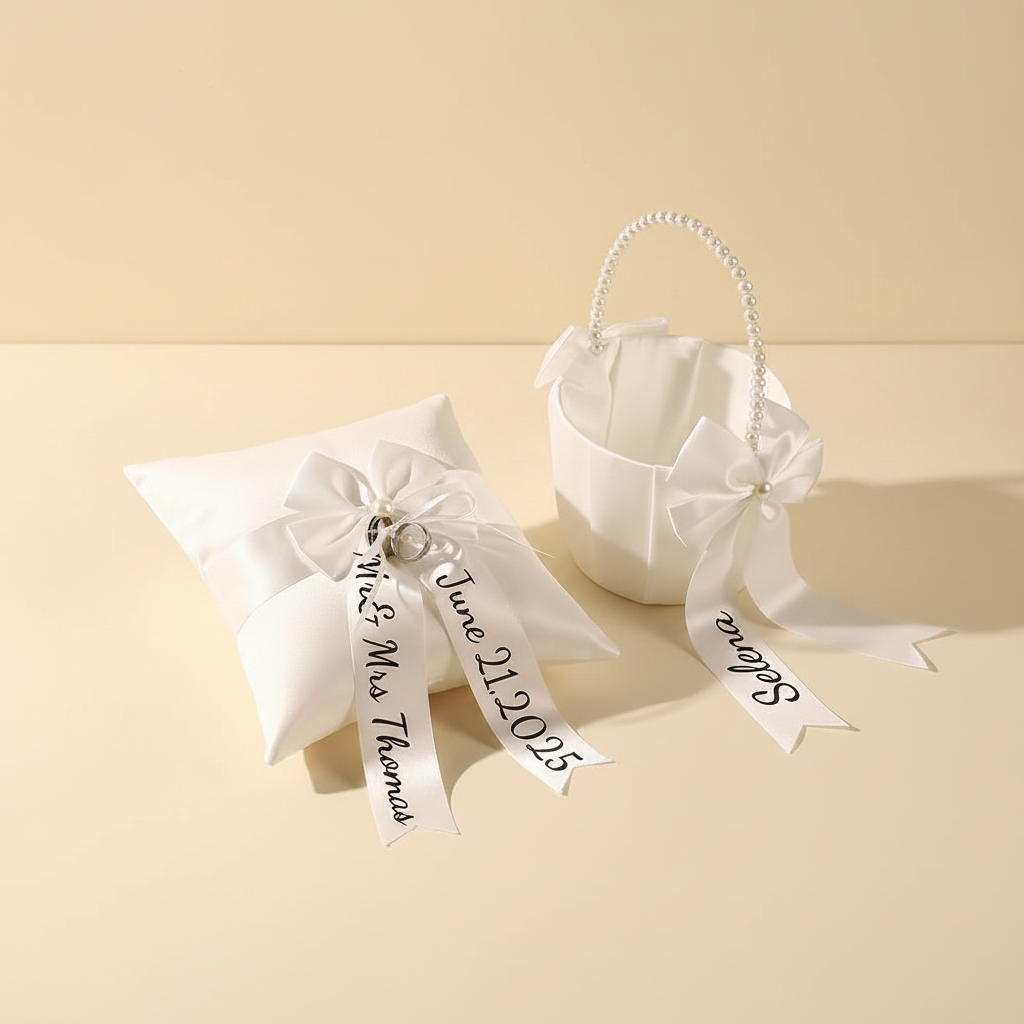 White satin flower basket with pearl handle and bow, plus ring bearer pillow with bow ribbons