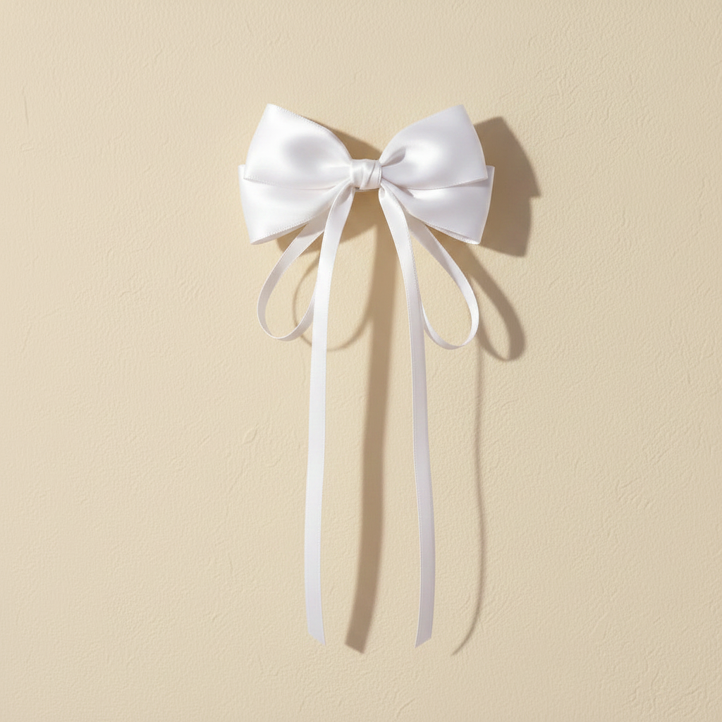 Satin white bow hair clip with long ribbon tails and centered satin knot