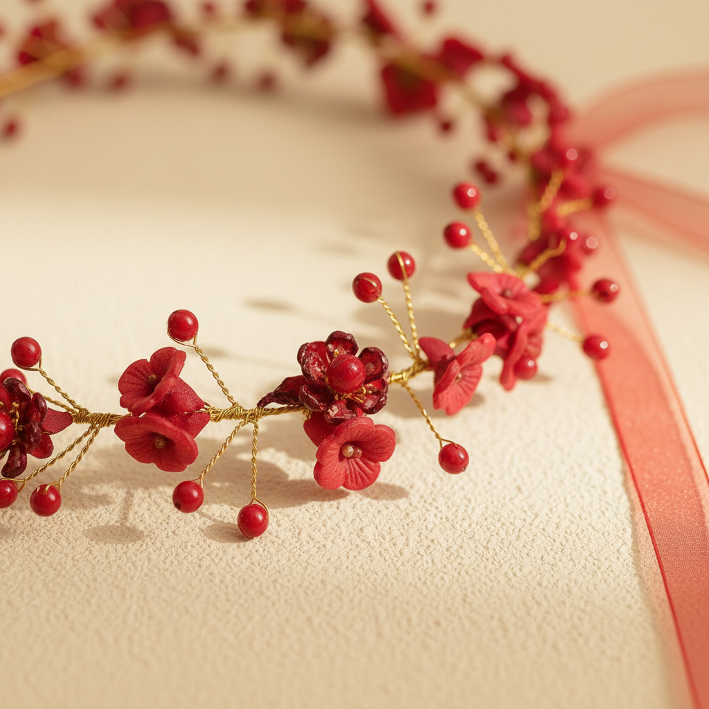 Floral princess headband with red trumpet blooms and gold wire accents, with berry beads