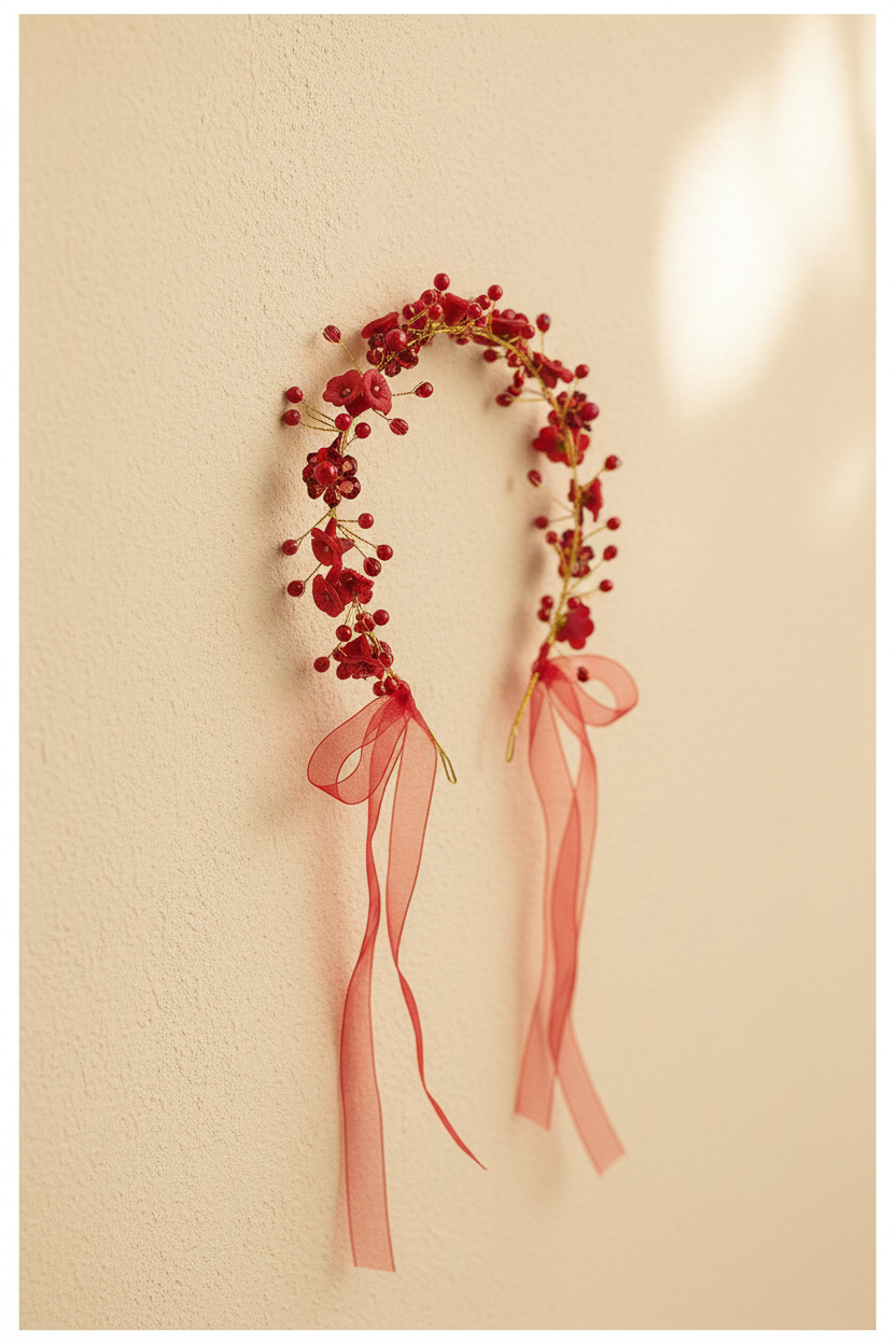Red flower girl headband with beaded trumpet wreath and pink satin ribbon bows