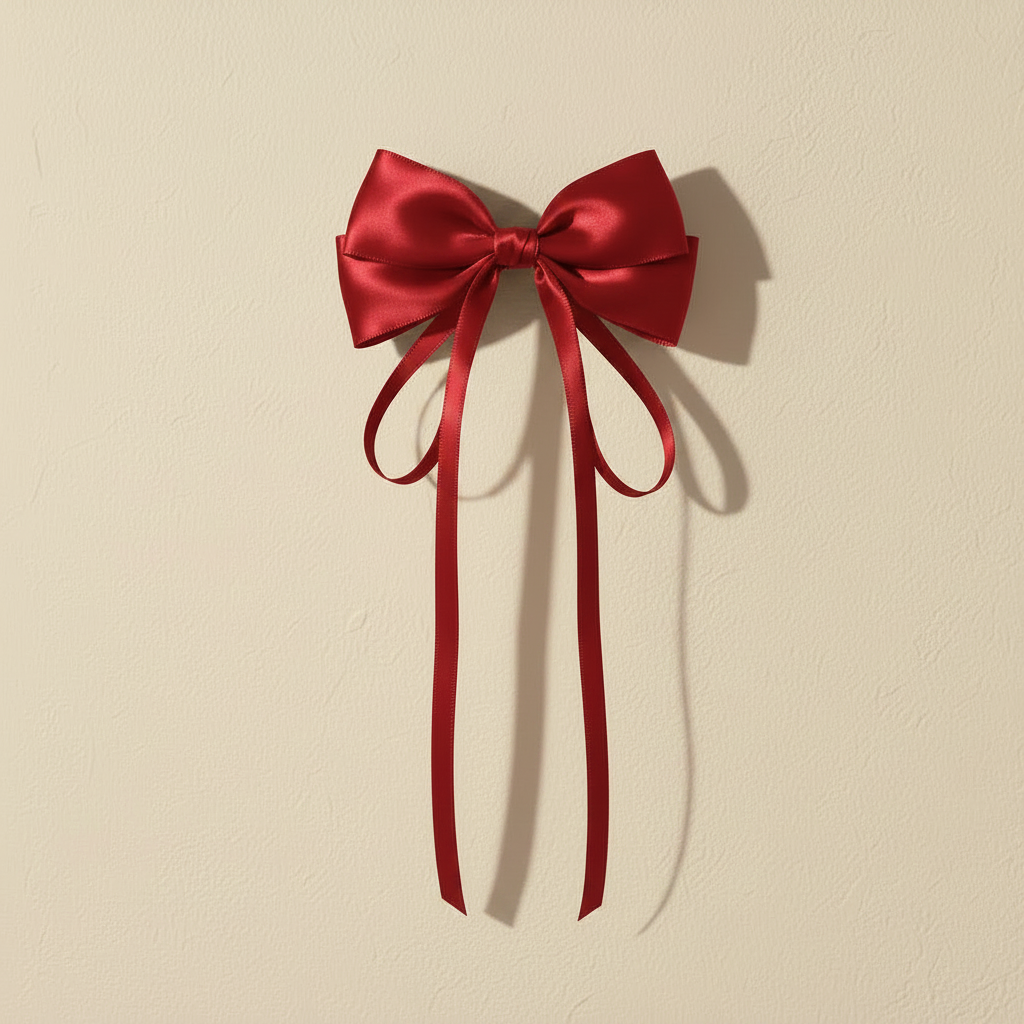 Satin red bow hair clip with long ribbon tails and centered satin knot