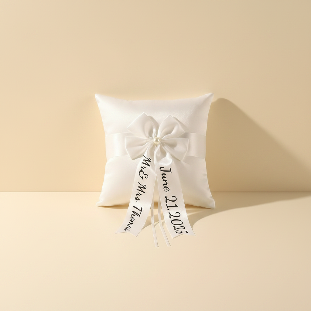 White satin ring bearer pillow with central bow and trailing ribbon streamers
