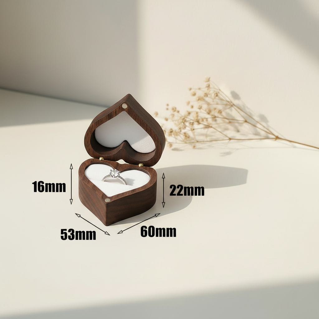 Walnut heart ring box with lid open, size labels 53x60x22mm