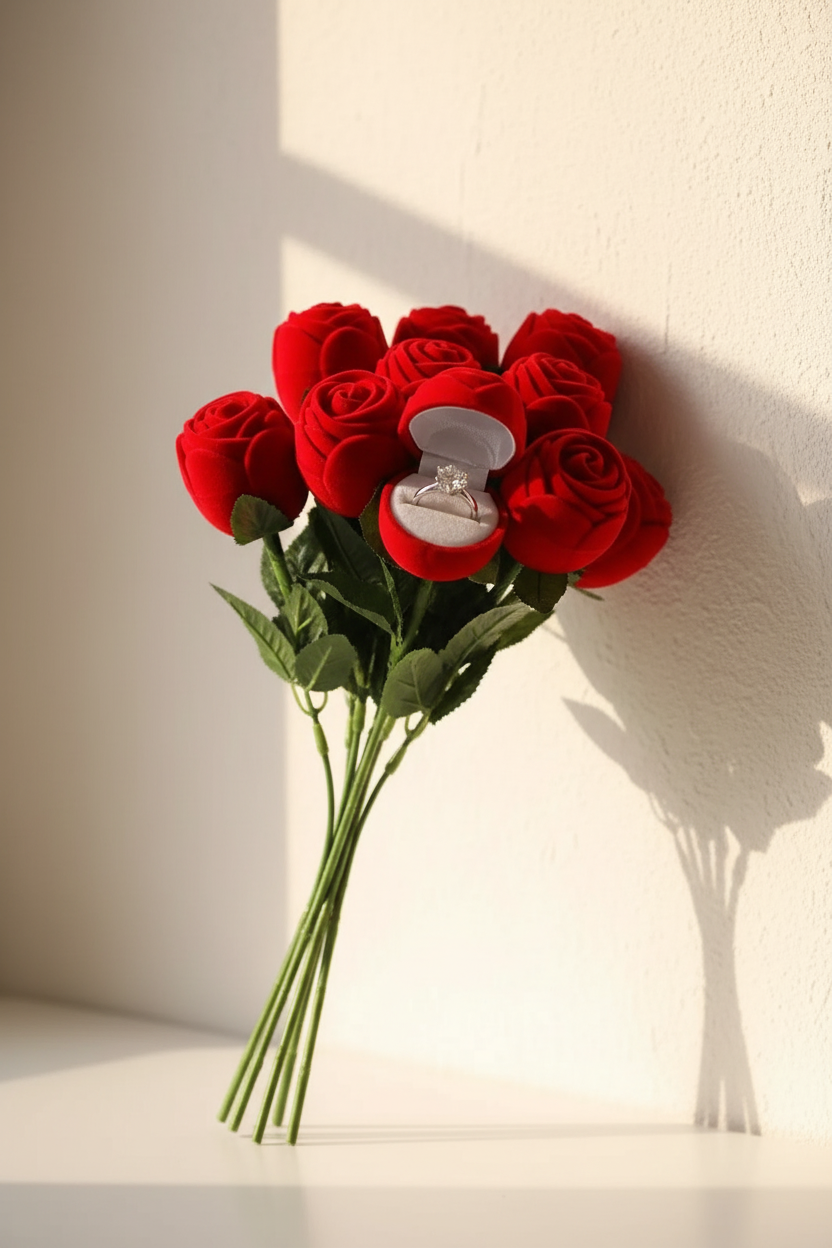 Velvet rosebud ring box with red velvet roses and open silver ring display