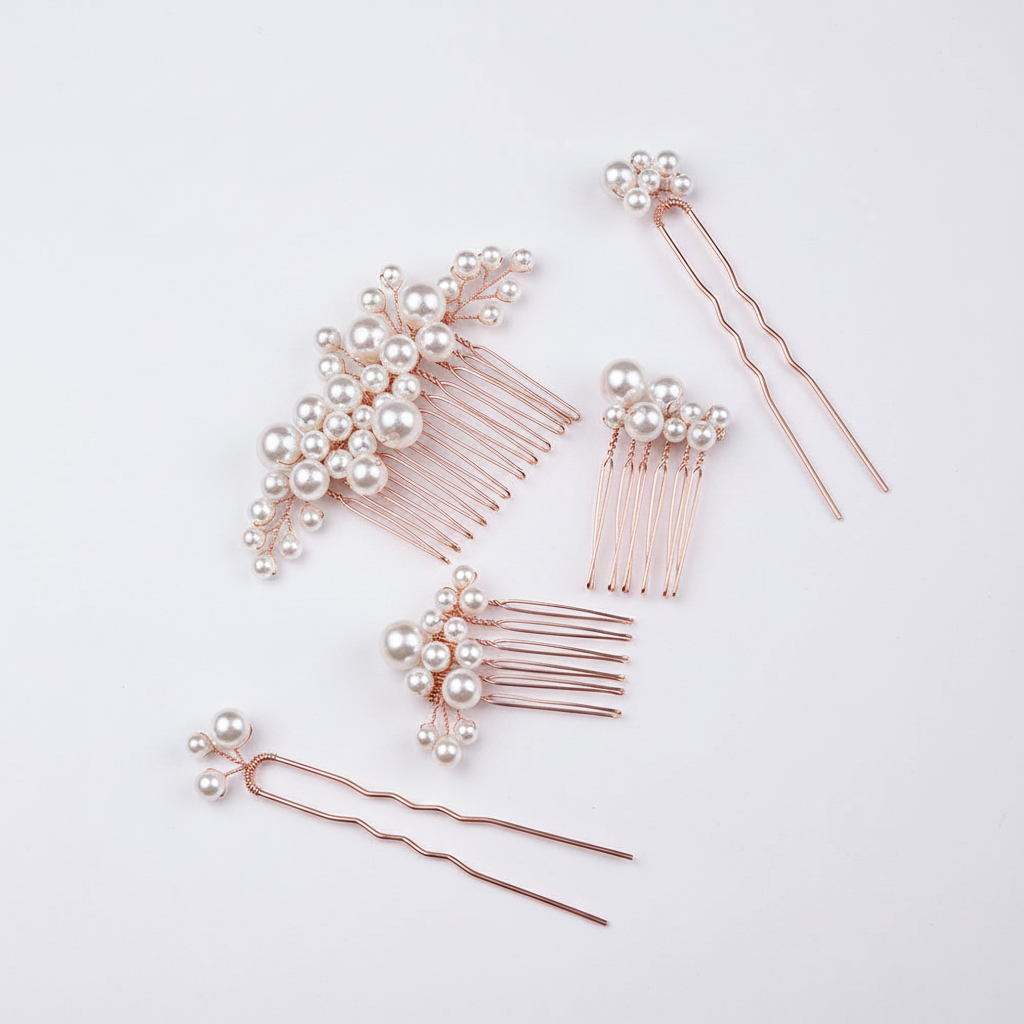 Pearl hair combs and pins set, rose-gold tone metal with white pearls