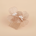 Rose-gold filigree double-blossom hair comb with 3 petals and pearl centers