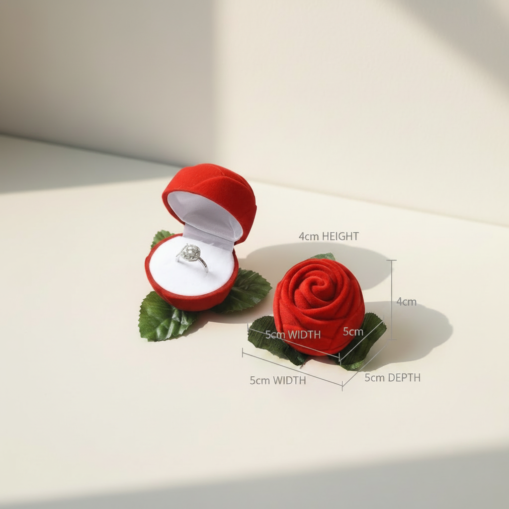 Velvet rosebud ring box size diagram: 5cm width, 5cm depth, 4cm height