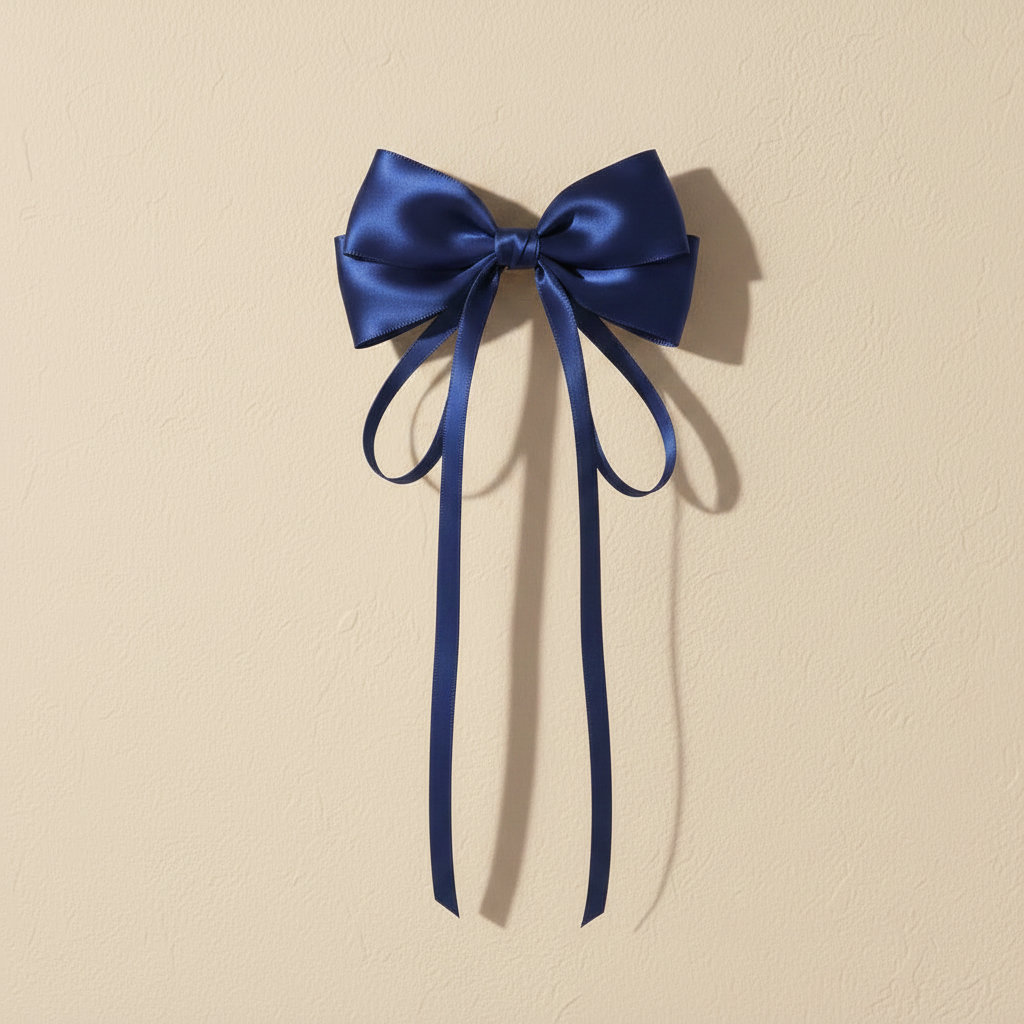 Satin blue bow hair clip with long ribbon tails and centered satin knot center