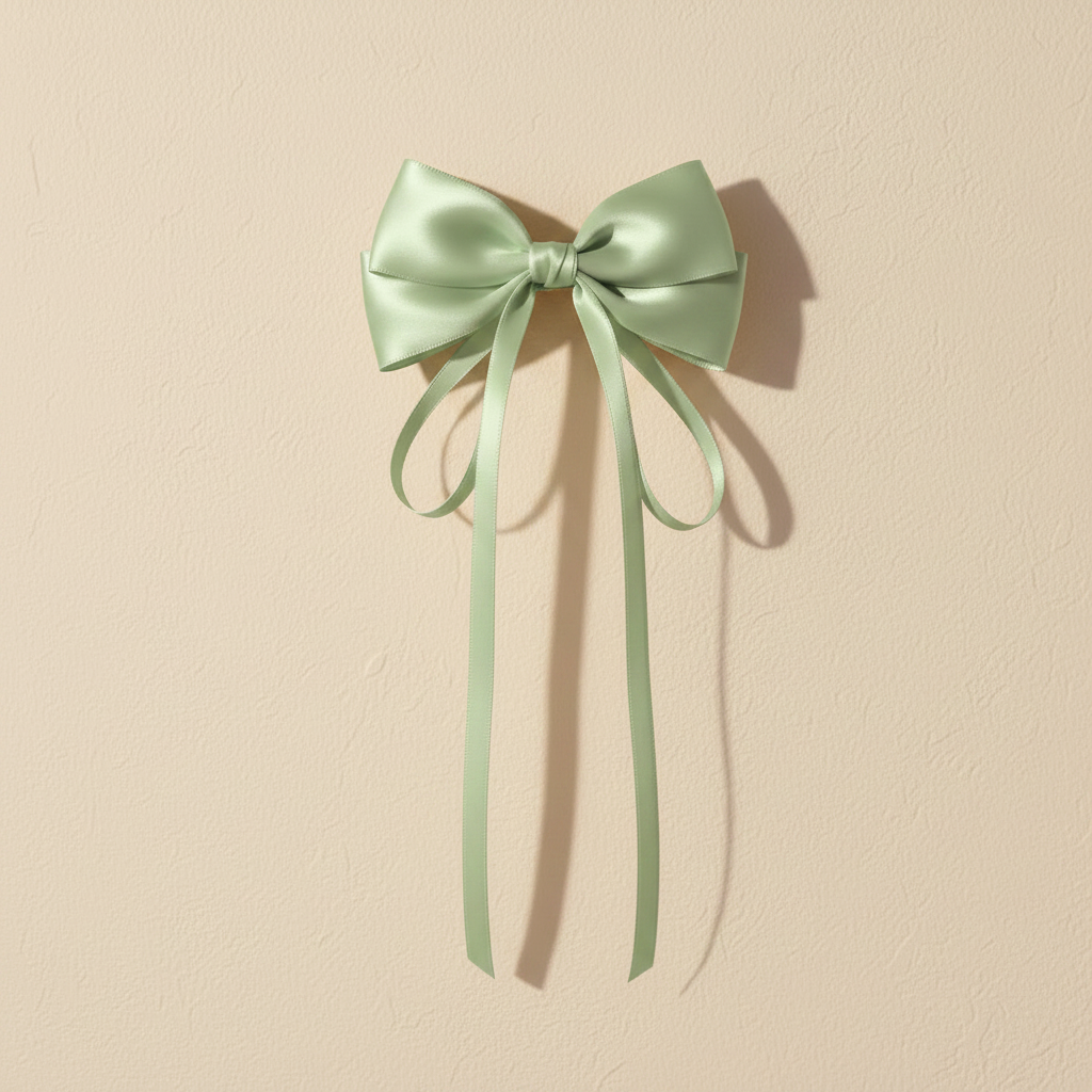 Satin mint green bow hair clip with long ribbon tails and centered satin knot