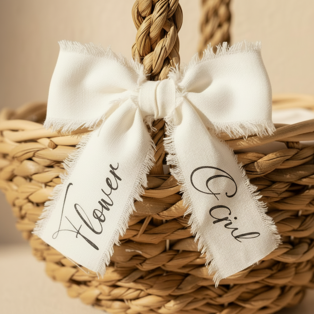 Woven seagrass basket with white ribbon bow and long ribbon tails, close-up