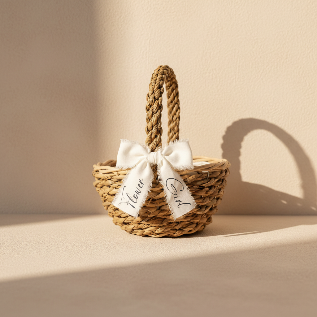 Handmade seagrass flower girl basket with white ribbon bow and carrying handle