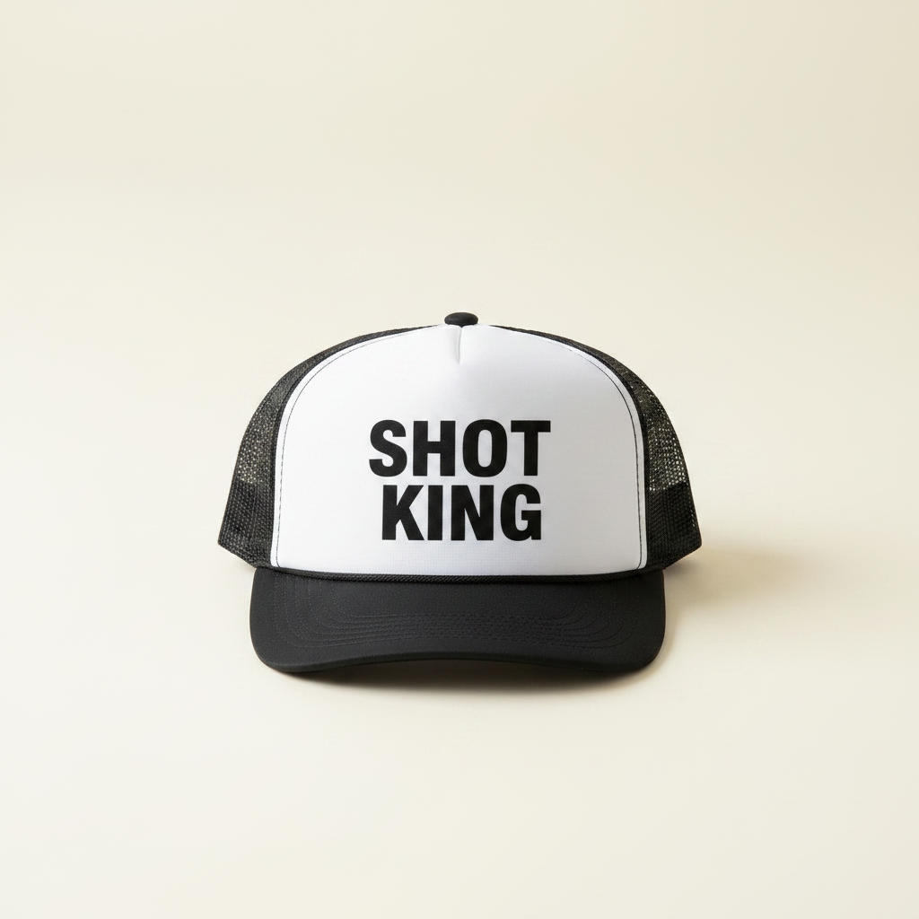 Black trucker cap with white front panel, 'SHOT KING' text