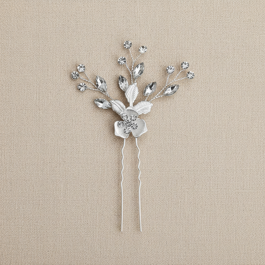 Bridal blush floral hair comb with clear crystals and two long pins