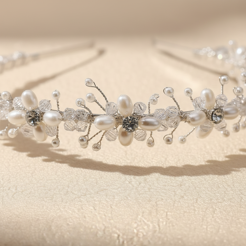Pearl and rhinestone flower crown headband with white pearls, crystals, and dark center beads