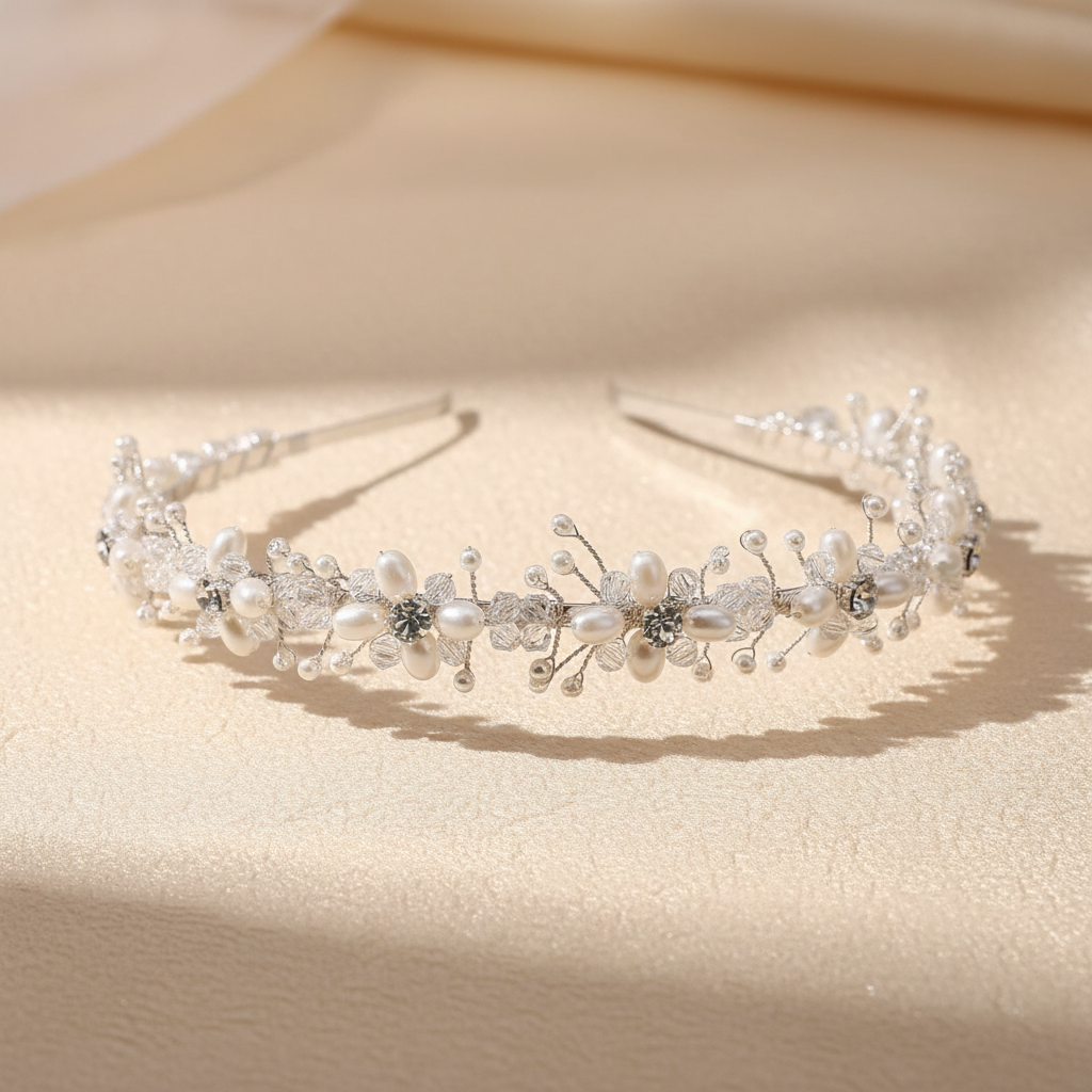 Pearl and rhinestone flower crown headband with white pearl clusters and crystal stems