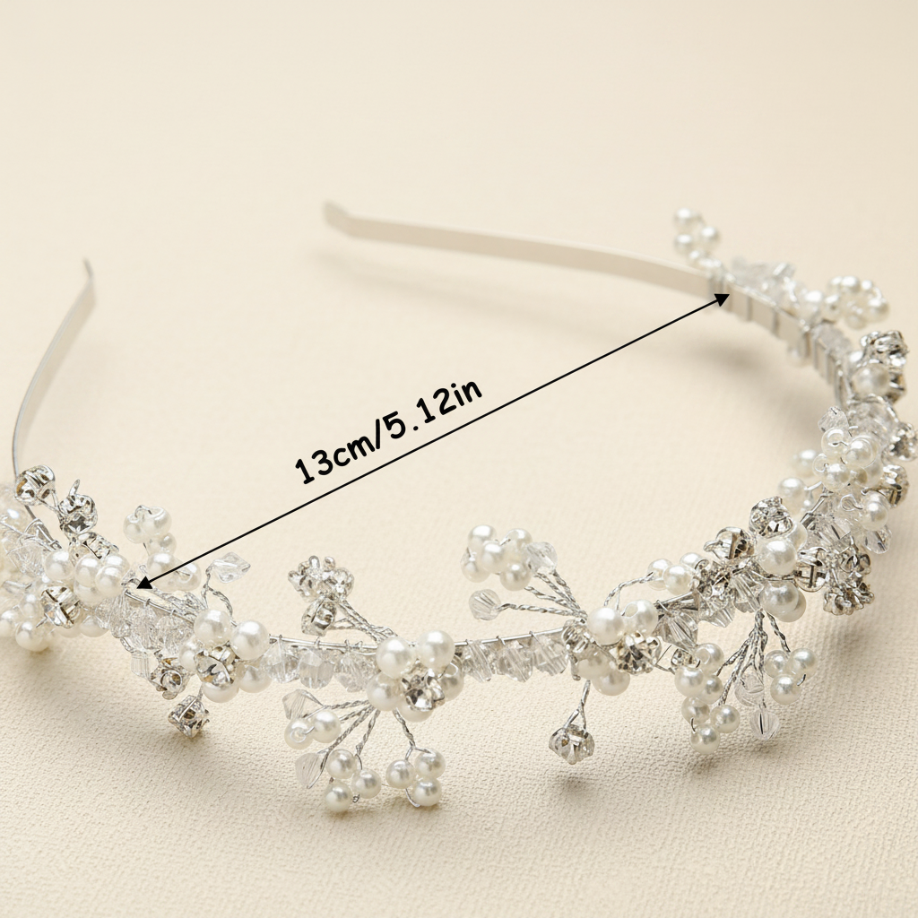 Pearl and rhinestone flower crown headband, 13 cm wide, with crystal and pearl fringe