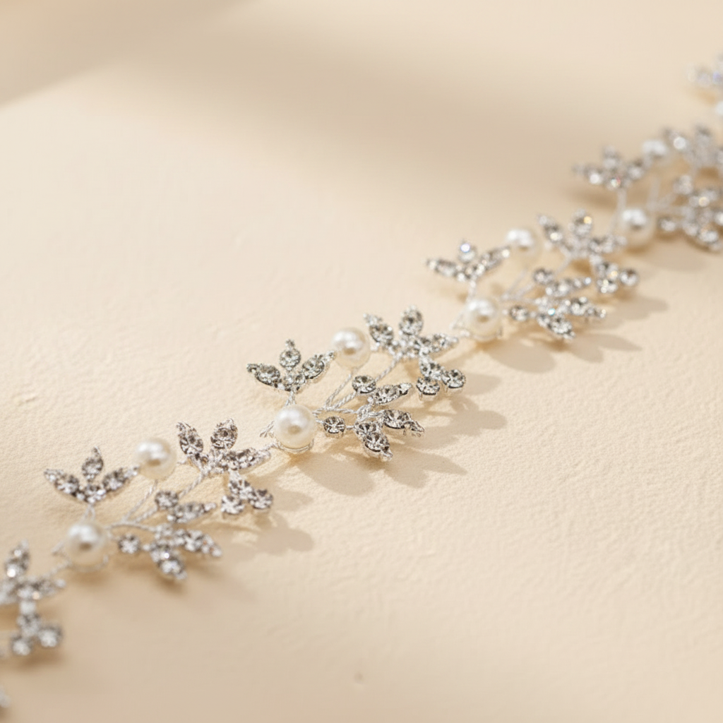 Rhinestone floral headband detail with pearls and leaf-like sparkling stones