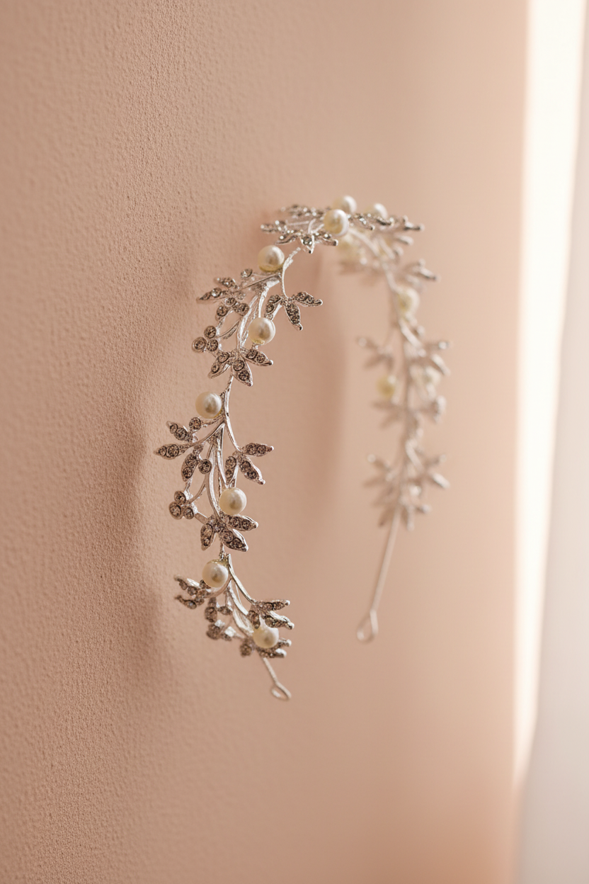 Rhinestone flower girl headband with pearl accents and silver-toned floral branches