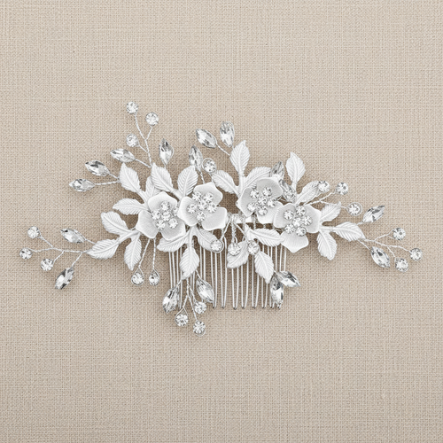 Bridal floral hair comb with white blossoms, clear crystals, and leaf accents