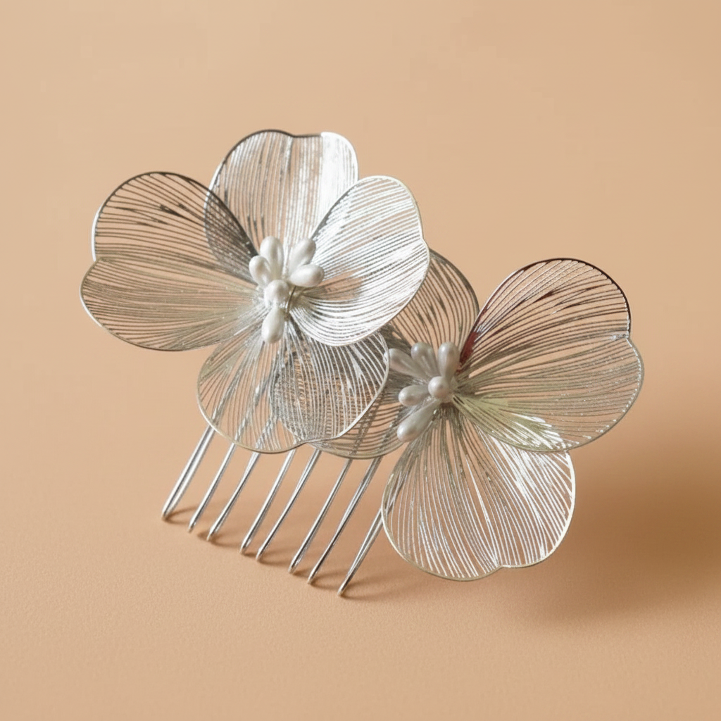 Silver filigree double-blossom hair comb with 3 flowers and pearl bead centers