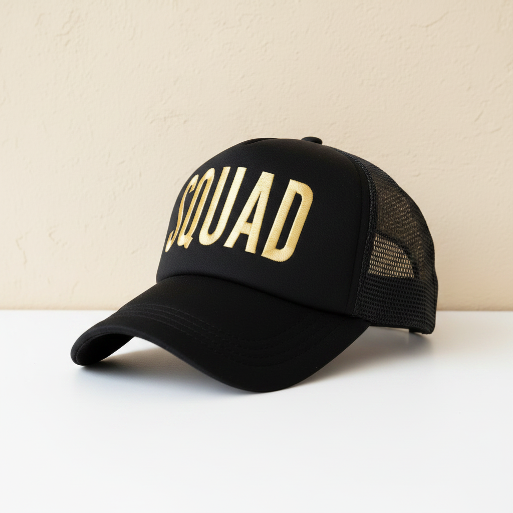 Black trucker cap with gold “SQUAD” front lettering and black mesh side panels