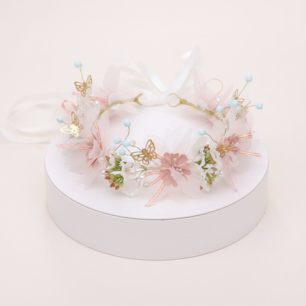 Bridal flower halo crown with pastel pink blooms, gold butterfly accents, light blue beads