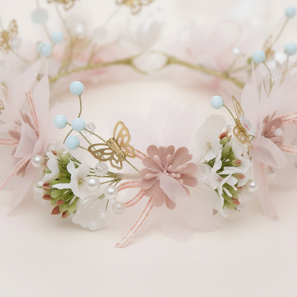 Close-up bridal flower halo with pink chiffon petals, white pearls, blue bead branches