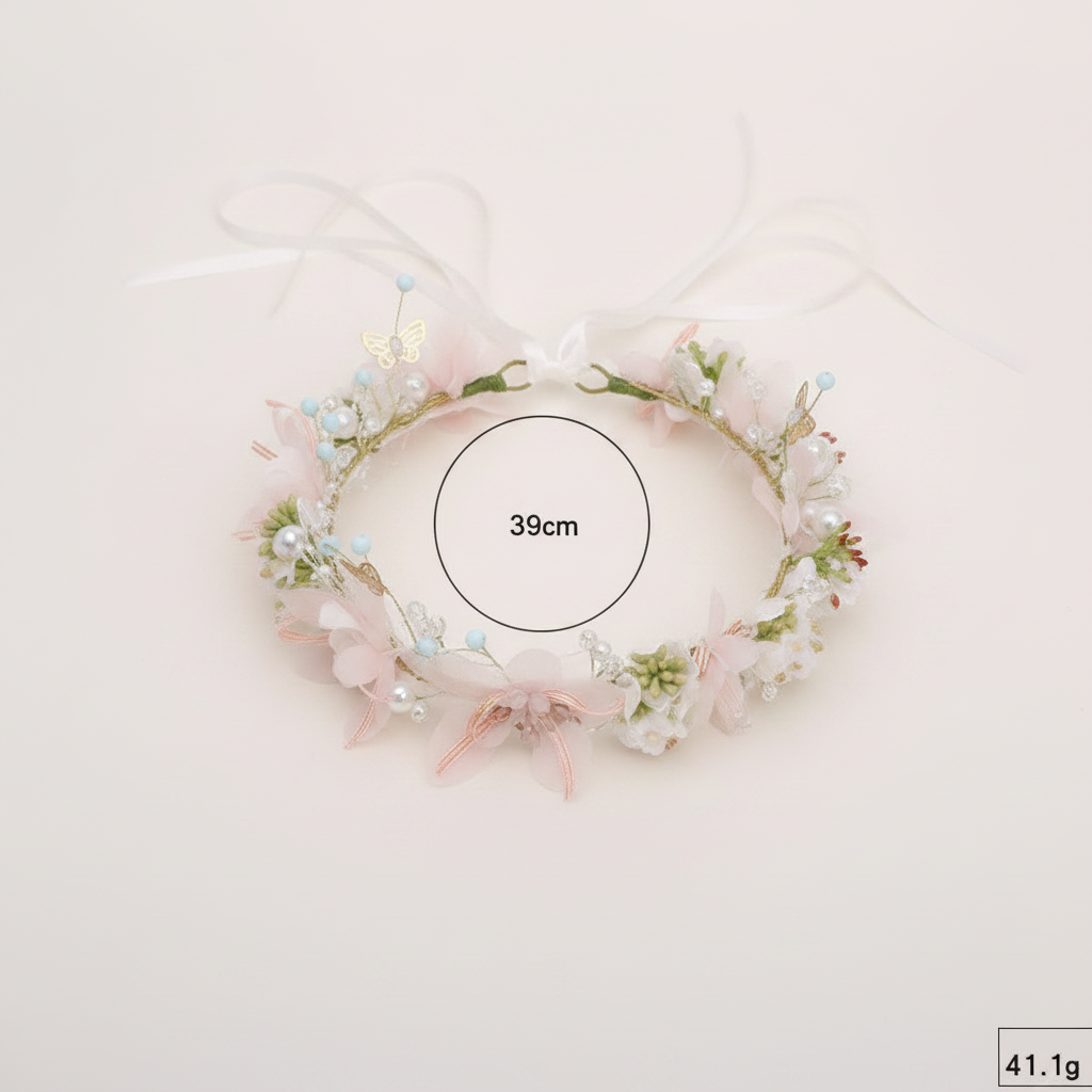 Bridal flower halo crown, 39 cm diameter; pastel pink blooms with blue bead accents