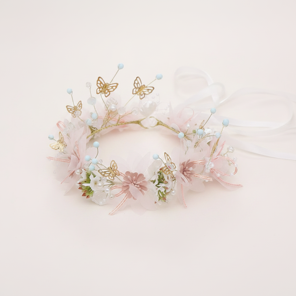 Bridal floral halo with pink flowers, green leaves, gold butterflies, light blue bead pins