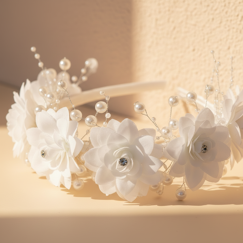White flower girl headband with layered white flowers, pearls, and dangling beads