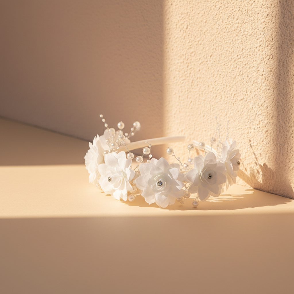 White flower girl headband with layered white flowers and pearl-bead accents